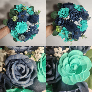 Aqua Navy Blue Rose Sola Wood Bridal Wedding Bouquet Accessories