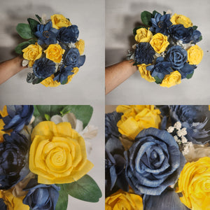 Navy Blue Yellow Vintage Sola Wood Bridal Wedding Bouquet Accessories