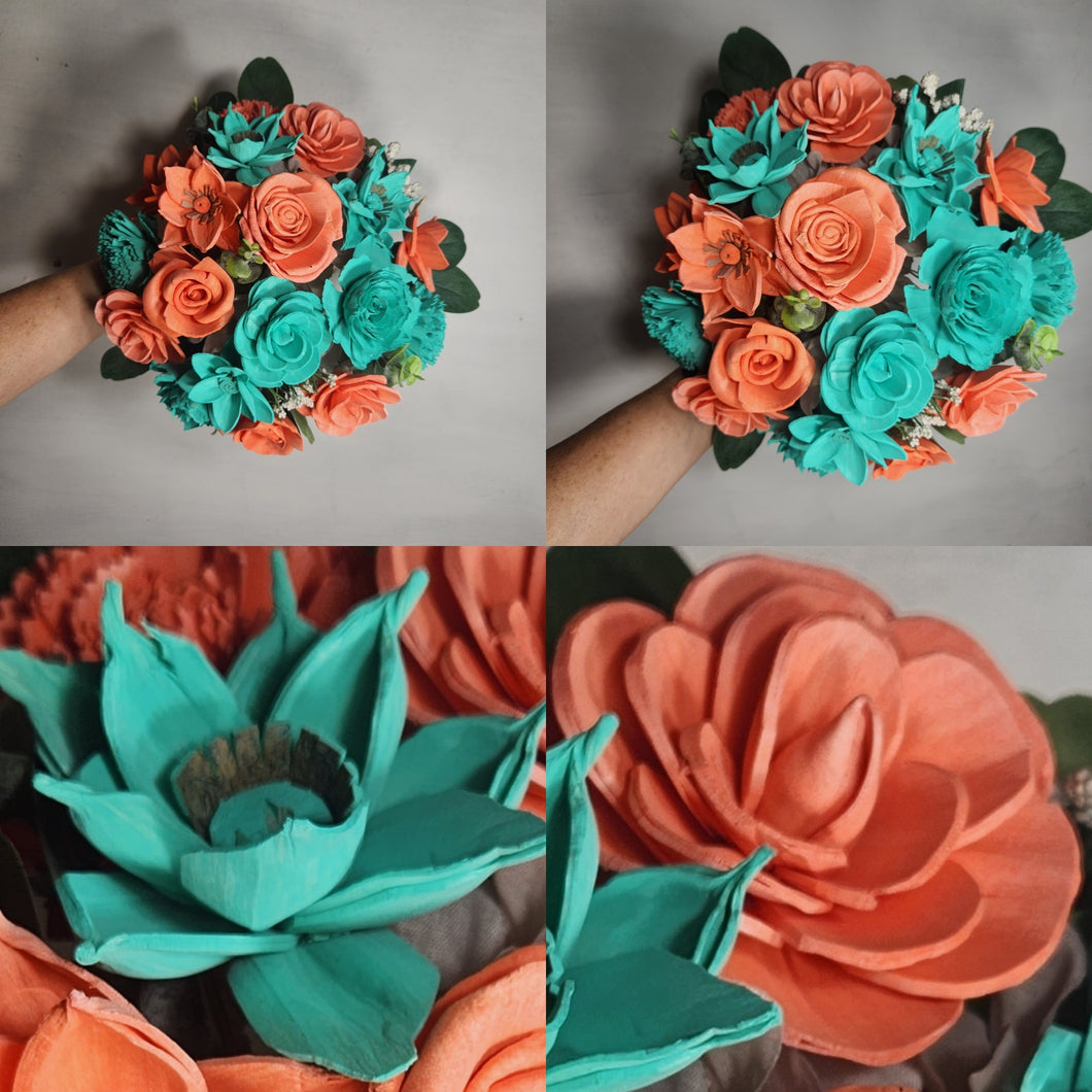 Coral Aqua Rose Sola Wood Bridal Wedding Bouquet Accessories