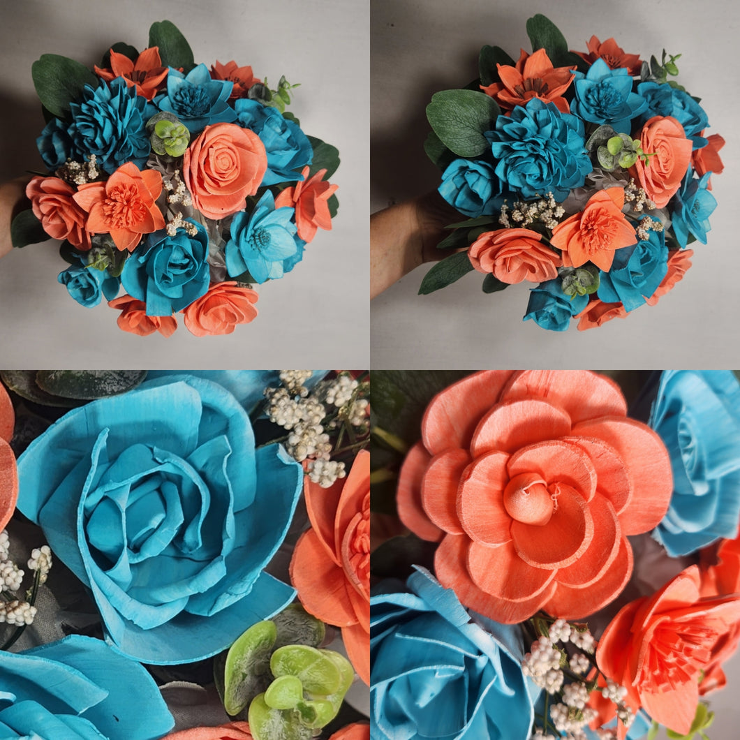 Coral Teal Rose Sola Wood Bridal Wedding Bouquet Accessories