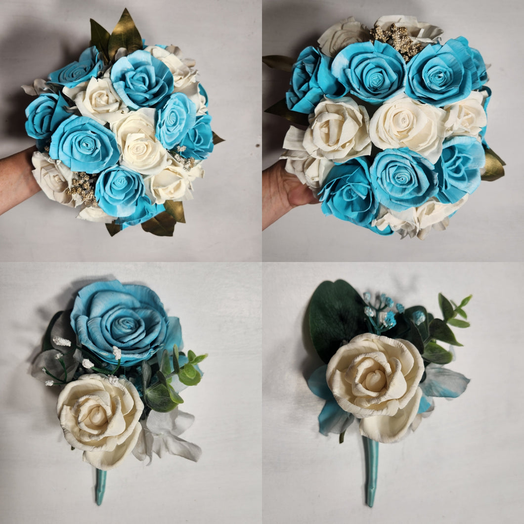 Turquoise Ivory Rose Sola Wood Bridal Wedding Bouquet Accessories