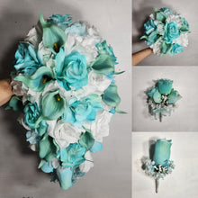 Load image into Gallery viewer, Aqua Tiffany White Rose Calla Lily Bridal Wedding Bouquet Accessories