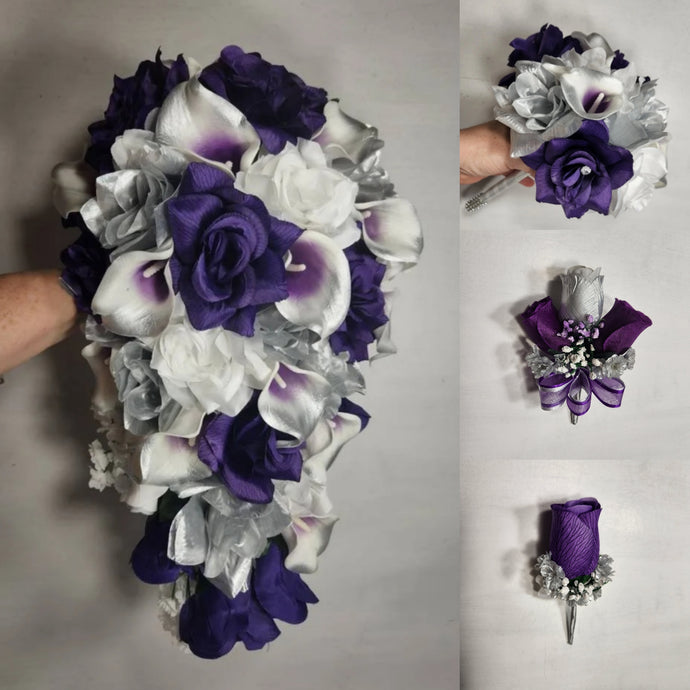 Purple Silver White Rose Calla Lily Bridal Wedding Bouquet Accessories
