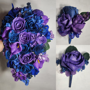 Purple Royal Blue Rose Call Lily Bridal Wedding Bouquet Accessories