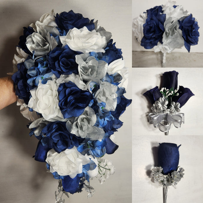 Navy Blue Silver White Rose Bridal Wedding Bouquet Accessories