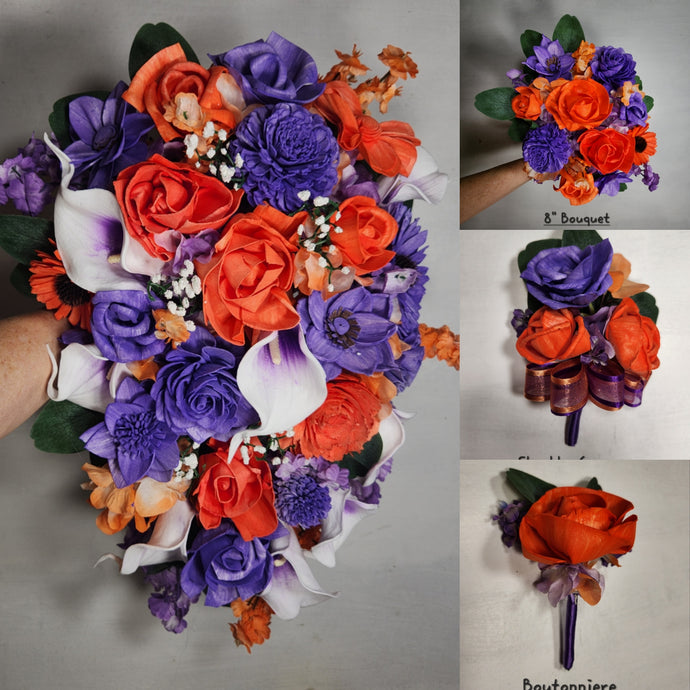 Orange Purple Rose Calla Lily Sola Wood Bridal Wedding Bouquet Accessories