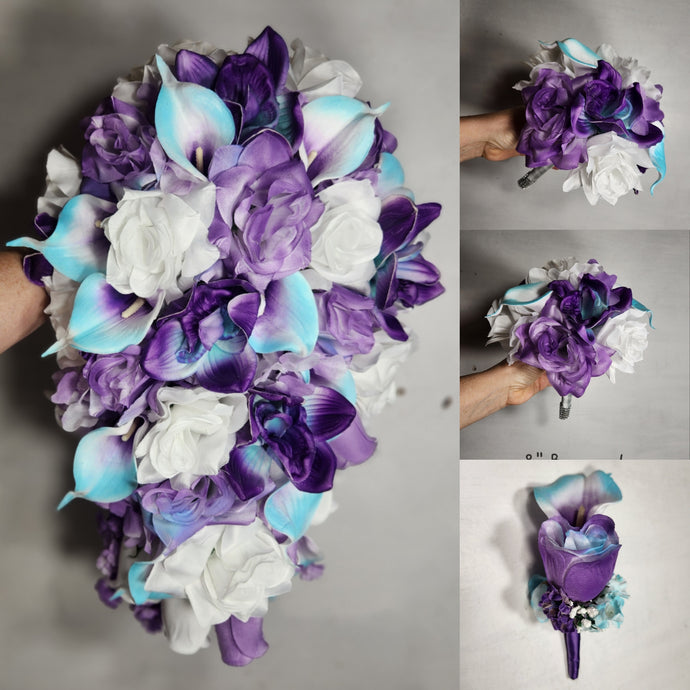 Purple Turquoise White Rose Calla Lily Orchid Bridal Wedding Bouquet Accessories