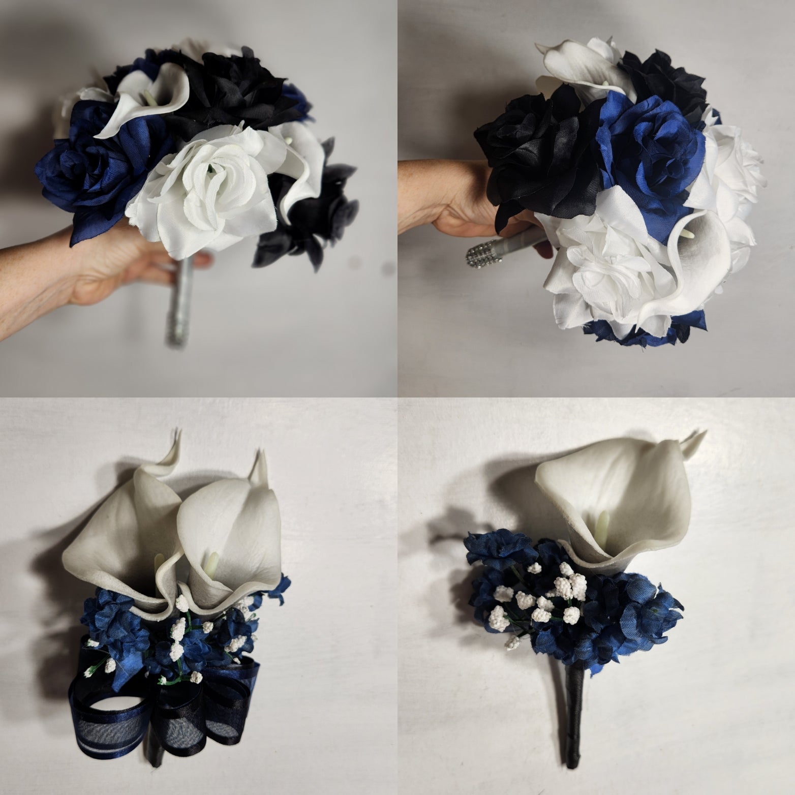 navy blue and white calla lily White & Navy Centred Calla Lilies With Roses Long Table Arrangement With Navy Centred Calla Lily & Roses