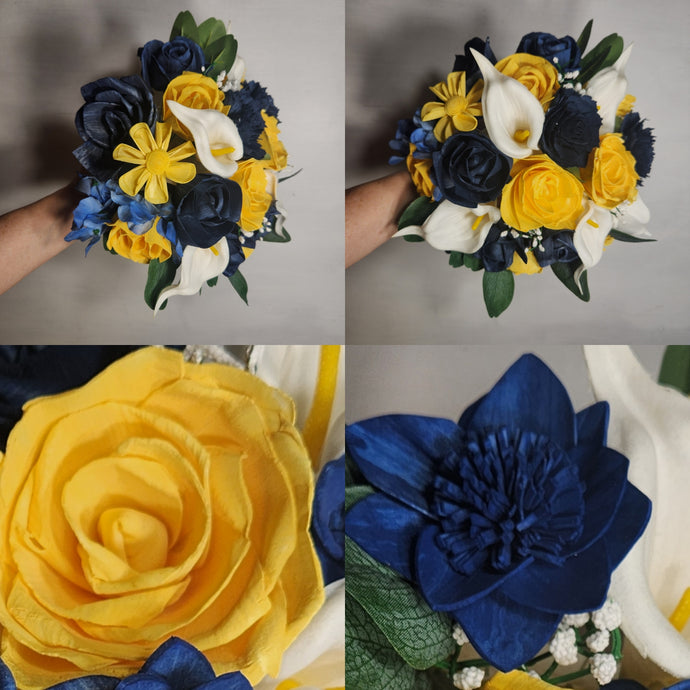 Yellow Navy Blue Rose Calla Lily Bridal Wedding Bouquet Accessories