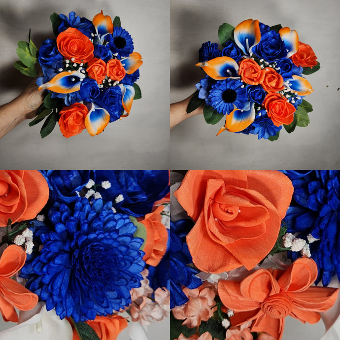 Orange Royal Blue Rose Calla Lily Real Touch Bridal Wedding Bouquet Accessories