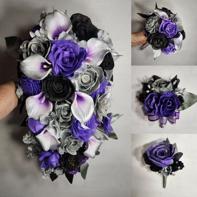 Purple Silver Black Rose Calla Lily Real Touch Bridal Wedding Bouquet Accessories