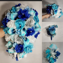 Load image into Gallery viewer, Turquoise Silver White Royal Blue Rose Calla Lily Bridal Wedding Bouquet Accessories