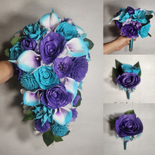 Load image into Gallery viewer, Purple Turquoise Rose Calla Lily Real Touch Bridal Wedding Bouquet Accessories