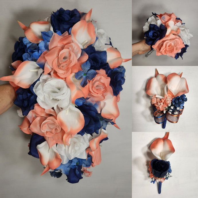 Coral Navy Blue White Rose Calla Lily Bridal Wedding Bouquet Accessories