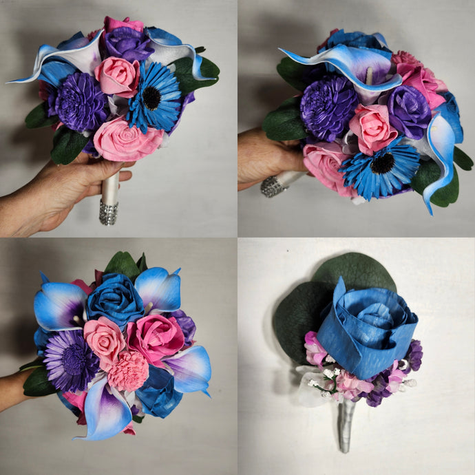 Pink Purple Blue Rose Calla Lily Sola Wood Bridal Wedding Bouquet Accessories