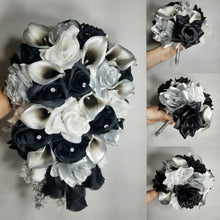 Load image into Gallery viewer, Silver Black White Rose Calla Lily Bridal Wedding Bouquet Accessories