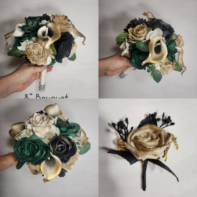 Green Black Gold Rose Cla Lily Sola Wood Bridal Wedding Bouquet Accessories