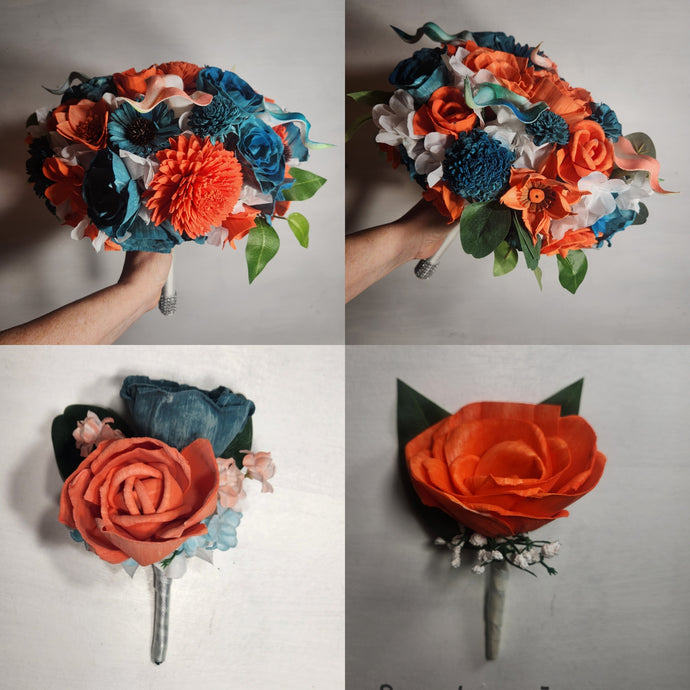 Orange Teal Rose Calla Lily Real Touch Bridal Wedding Bouquet Accessories