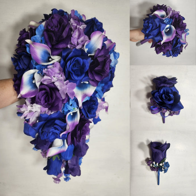 Purple Royal Blue Rose Calla Lily Bridal Wedding Bouquet Accessories