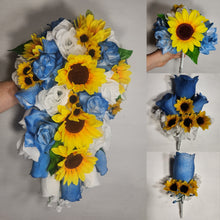 Load image into Gallery viewer, Dusty Blue White Rose Sunflower Bridal Wedding Bouquet Accessories