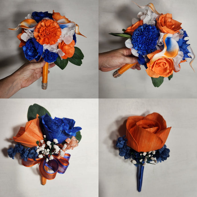 Orange Royal Blue Rose Calla Lily Sola Wood Bridal Wedding Bouquet Accessories