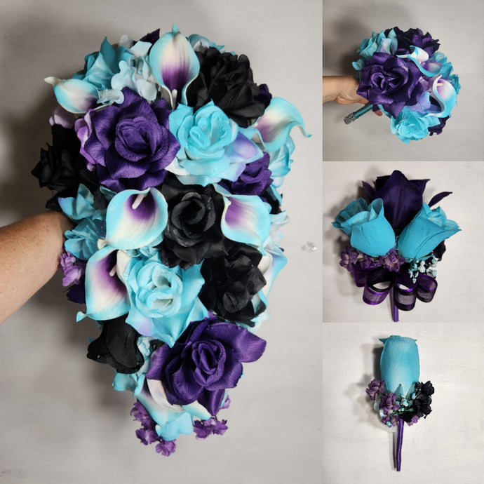 Purple Tuquoise Black Rose Calla Lily Bridal Wedding Bouquet Accessories