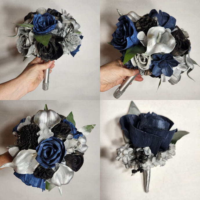 Navy Blue Black Silver Rose Calla Lily Real Touch Bridal Wedding Bouquet Accessories