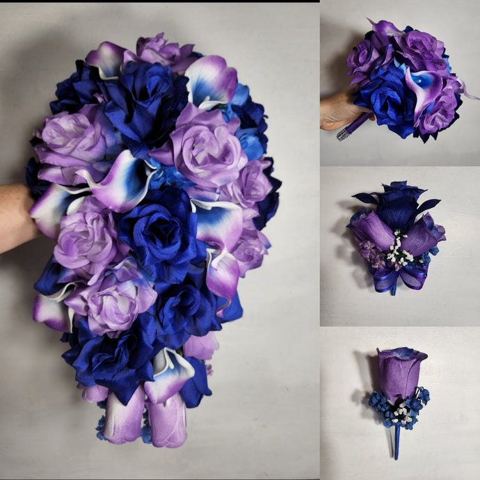 Light Purple Royal Blue Rose Calla Lily Bridal Wedding Bouquet Accessories