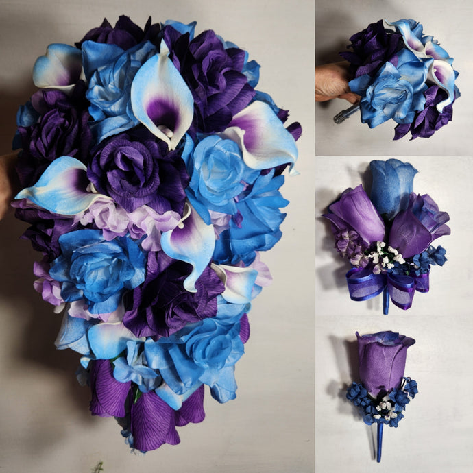 Light Blue Purple Rose Calla Lily Bridal Wedding Bouquet Accessories