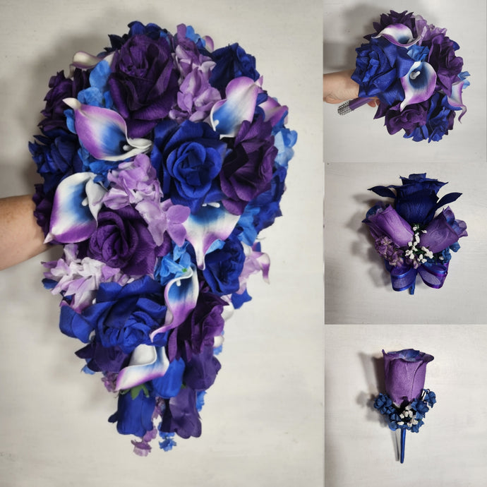 Purple Royal Blue Rose Calla Lily Bridal Wedding Bouquet Accessories