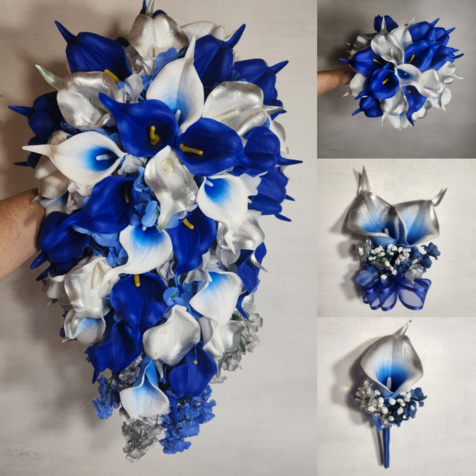 Royal Blue Silver Calla Lily Bridal Wedding Bouquet Accessories