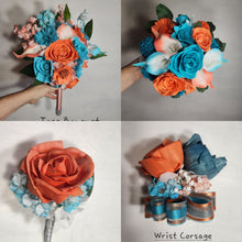 Load image into Gallery viewer, Coral Turquoise Rose Calla Lily Real Touch Bridal Wedding Bouquet Accessories