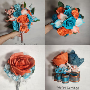 Coral Turquoise Rose Calla Lily Real Touch Bridal Wedding Bouquet Accessories