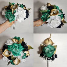 Load image into Gallery viewer, Emerald Green Black Gold White Rose Calla Lily Bridal Wedding Bouquet Accessories