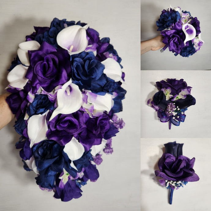 Purple Navy Blue Rose Calla Lily Bridal Wedding Bouquet Accessories