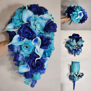 Turquoise Royal Blue Rose Calla Lily Bridal Wedding Bouquet Accessories