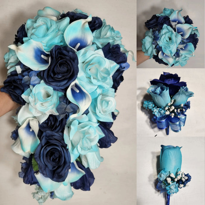 Turquoise Navy Blue Rose Calla Lily Bridal Wedding Bouquet Accessories