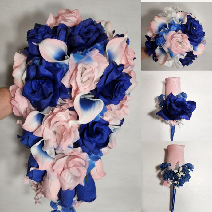 Pink Royal Blue Rose Calla Lily Bridal Wedding Bouquet Accessories