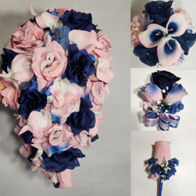 Load image into Gallery viewer, Pink Navy Blue Rose Calla Lily Bridal Wedding Bouquet Accessories