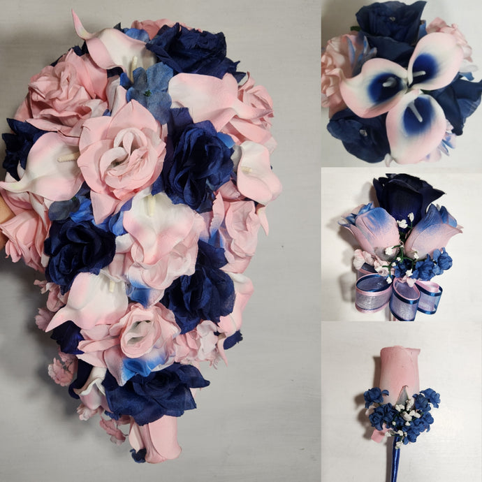 Pink Navy Blue Rose Calla Lily Bridal Wedding Bouquet Accessories