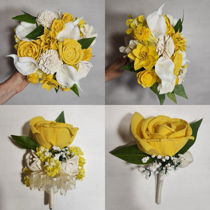Yellow Ivory Rose Calla Lily Sola Wood Bridal Wedding Bouquet Accessories
