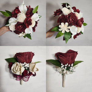 Burgundy Ivory Rose Calla Lily Sola Wood Bridal Wedding Bouquet Accessories