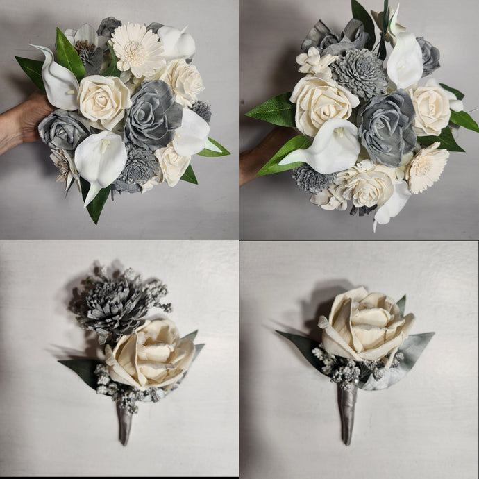 Silver Ivory Rose Calla Lily Sola Wood Bridal Wedding Bouquet Accessories