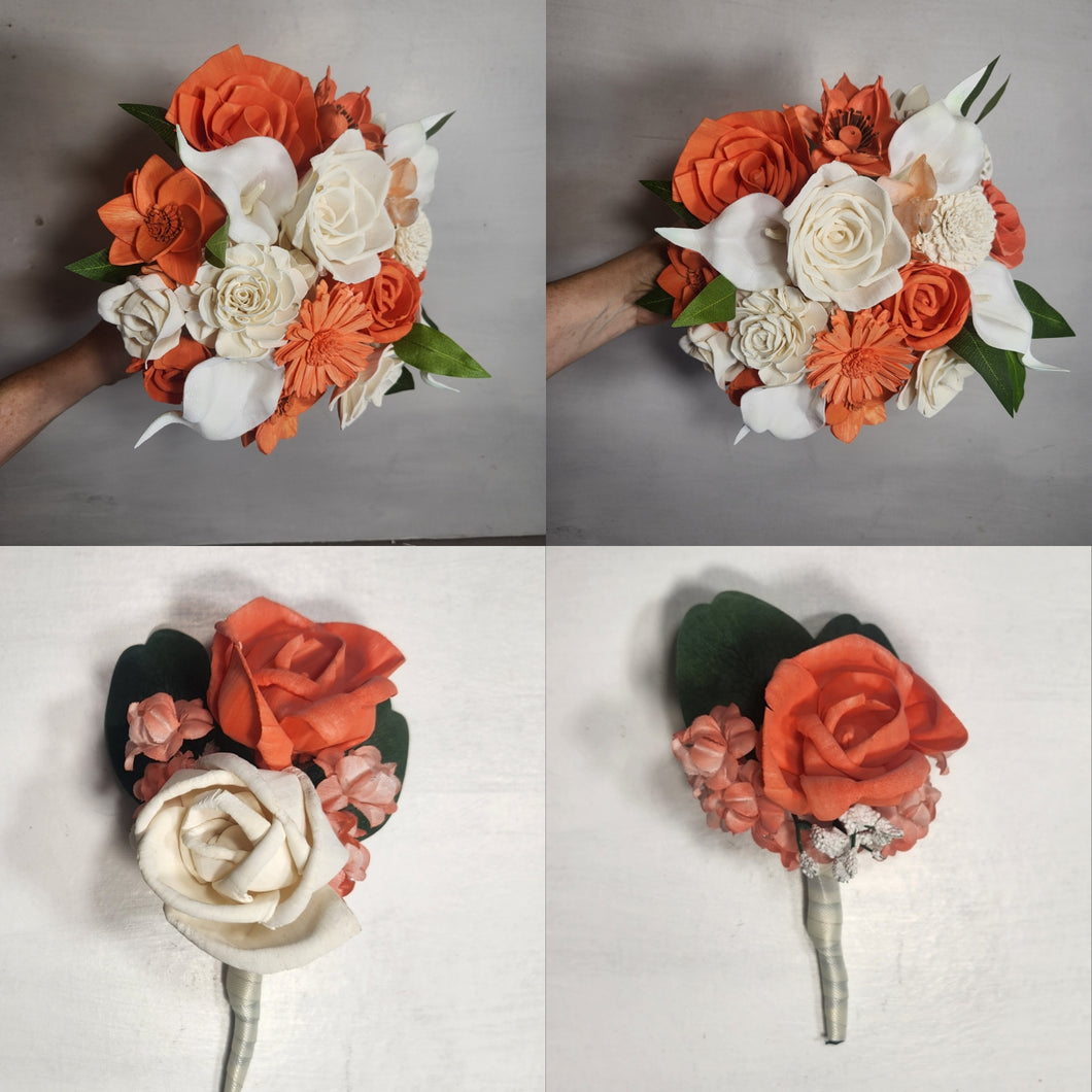 Coral Ivory Rose Calla Lily Sola Wood Bridal Wedding Bouquet Accessories