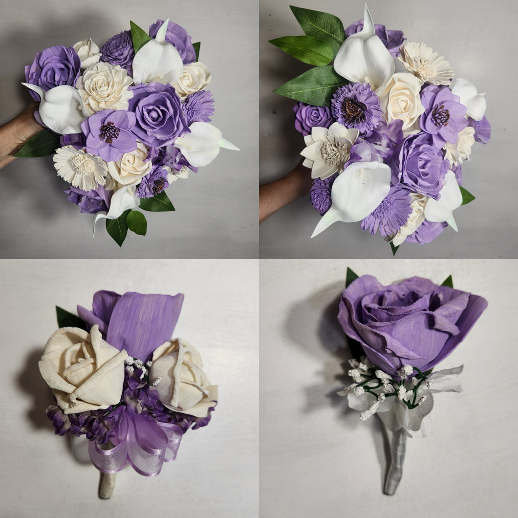 Lavender Ivory Rose Calla Lily Sola Wood Bridal Wedding Bouquet Accessories