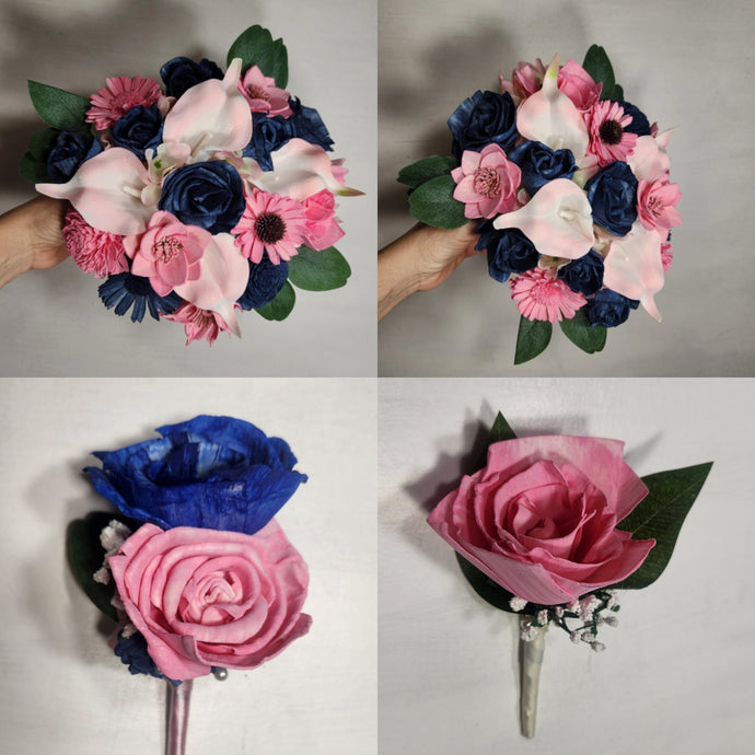 Pink Navy Blue Rose Calla Lily Real Touch Bridal Wedding Bouquet Accessories