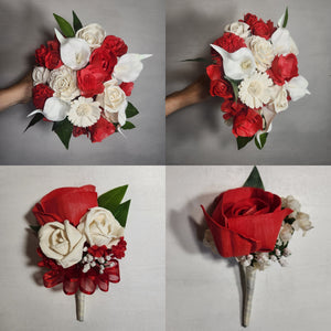 Red Ivory Rose Calla Lily Sola Wood Bridal Wedding Bouquet Accessories