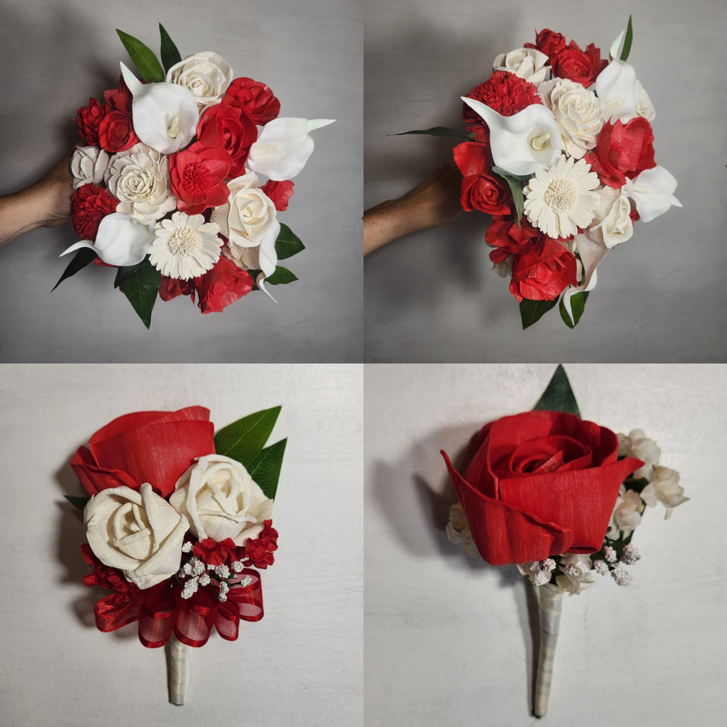 white lily and red rose bridal bouquet Red Ivory Rose Calla Lily Sola Wood Bridal Wedding Bouquet Accessories – Bridal Wedding Bouquets
