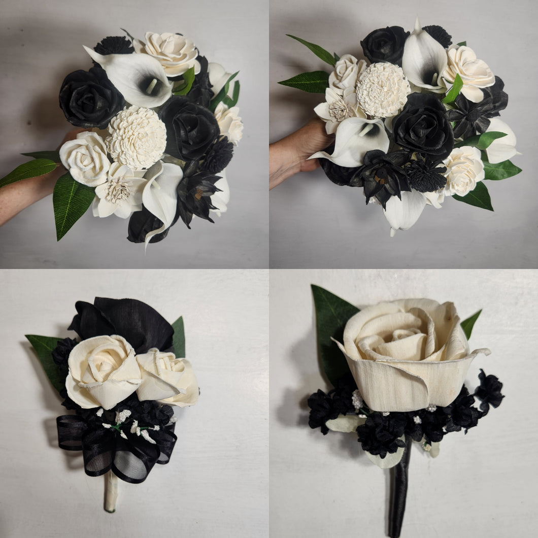 Black White Rose Calla Lily Sola Wood Bridal Wedding Bouquet Accessories