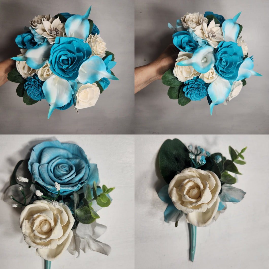 Turquoise Ivory Rose Sola Wood Bridal Wedding Bouquet Accessories